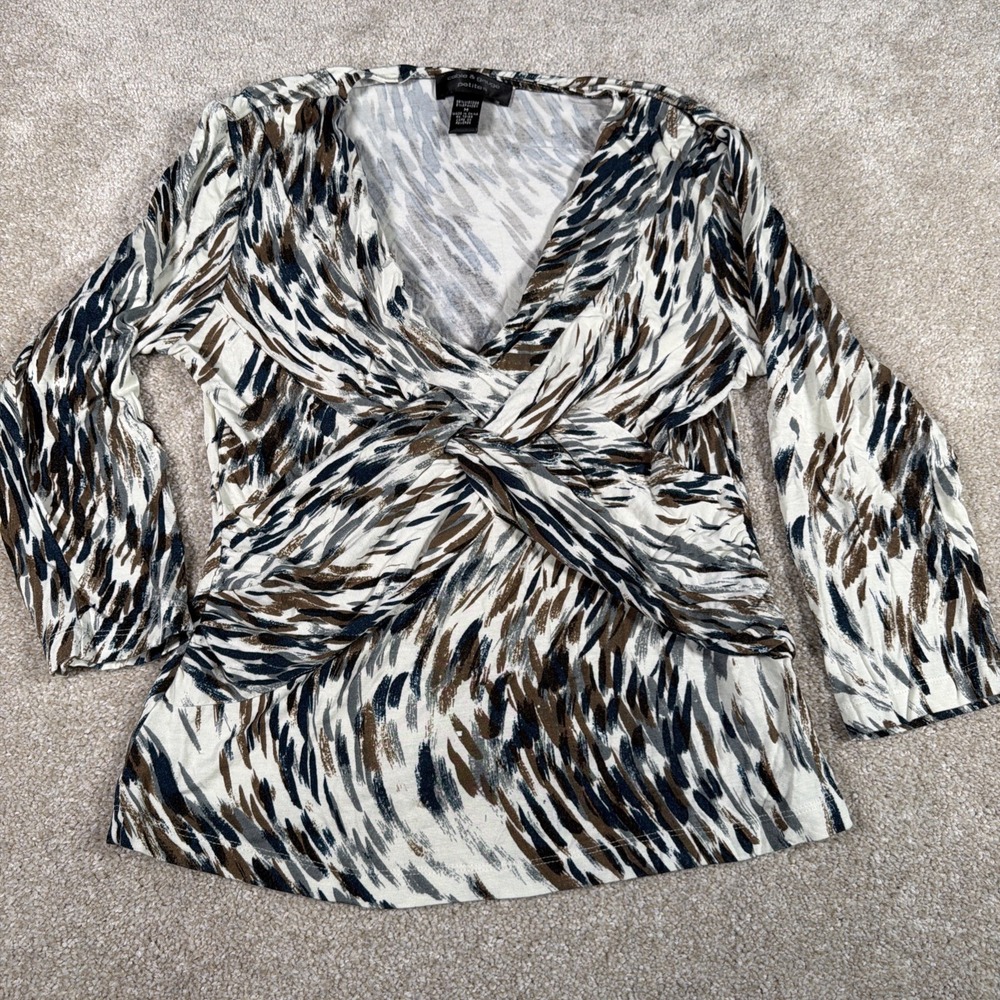 Cable & Gauge Long Sleeve Wrap Blouse Womens M Petite V‎ Neck Abstract Print